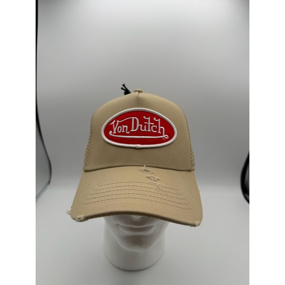 Von Dutch Trucker Hat Taupe Tan Distressed Snapback Cap